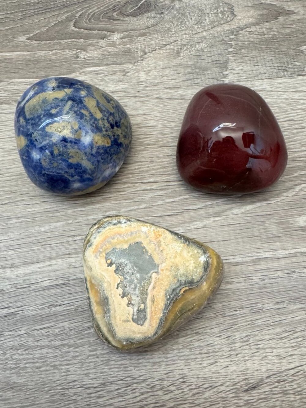 Set of Three Large Display Gemstones | Bloodstone, Bumblebee Jasper, Soladite